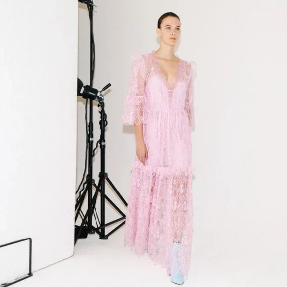 NWT Self-Portrait Tear Drop Mesh Maxi Dress Lilac Size 0 - Picture 3 of 7